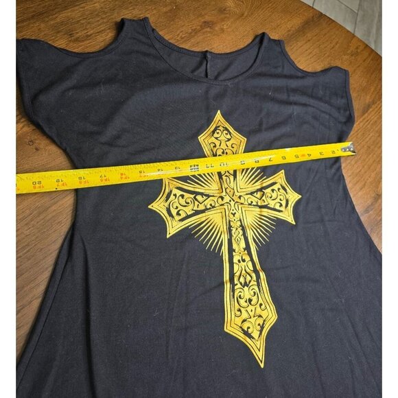 Womens Black Cold Shoulder Tunic Top With Yellow Cross Graphic Design - Picture 8 of 10